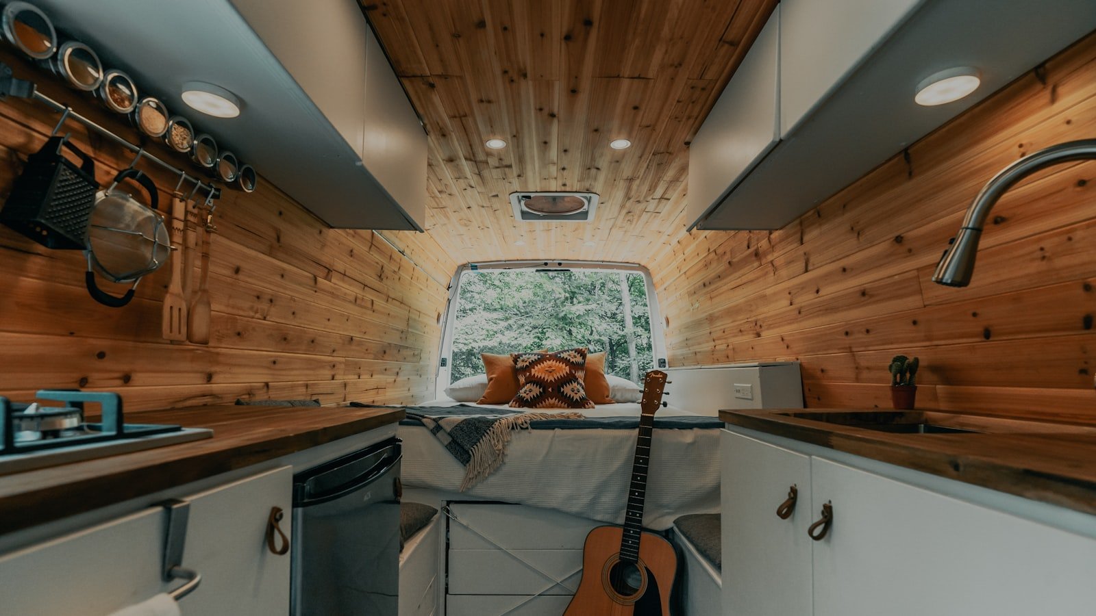 The interior of a recreational vehicle being filmed for a walkaround video